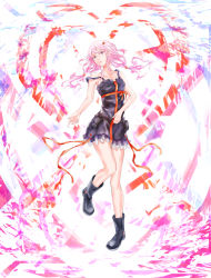 Rule 34 | 10s, 1girl, bare shoulders, black dress, boots, collarbone, dress, frills, full body, guilty crown, hair ornament, hairclip, highres, long hair, looking at viewer, off shoulder, pink hair, red eyes, sleeveless, smile, solo, strap slip, tanikku, twintails, yuzuriha inori