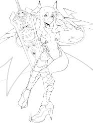 Rule 34 | 1girl, absurdres, boots, breasts, center opening, choker, chuunioniika, cleavage, demon girl, demon horns, detached sleeves, fearless night, greyscale, hell princess, high heel boots, high heels, highres, horns, knee boots, large breasts, lineart, low wings, monochrome, navel, pigeon-toed, pointy ears, revision, smile, sword, weapon, wings