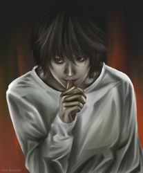 Rule 34 | 00s, 1boy, biting, biting own thumb, black eyes, black hair, death note, finger in own mouth, l (death note), lowres, male focus, solo, sou igarashi