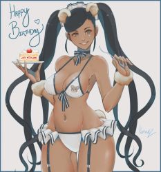 Rule 34 | 1girl, animal ears, artist name, bare shoulders, bear ears, bear tail, black hair, bow, breasts, brown eyes, cake, cake slice, choker, cleavage, collarbone, commentary, cream, dark-skinned female, dark skin, fake animal ears, fingernails, food, fork, fruit, garter straps, grey background, hair ornament, head tilt, heart, heart tattoo, highres, holding, kumanz, long hair, looking at viewer, maid headdress, medium breasts, navel, original, parted bangs, parted lips, plate, shiny skin, signature, smile, solo, stomach, strawberry, tail, tattoo, thighs, twintails, wrist cuffs