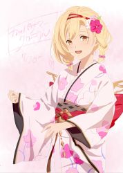 Rule 34 | 1girl, :d, blonde hair, braid, djeeta (granblue fantasy), flower, granblue fantasy, hair between eyes, hair flower, hair ornament, highres, japanese clothes, kimono, long hair, long sleeves, looking at viewer, obi, open mouth, pink background, pink flower, pochi-a, print kimono, sash, short twintails, smile, solo, standing, twin braids, twintails, white flower, white kimono, wide sleeves, yellow eyes