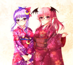 Rule 34 | 2girls, alternate costume, bat wings, bespectacled, blush, crescent, crescent hair ornament, glasses, hair ornament, head wings, japanese clothes, kimono, koakuma, long sleeves, looking at viewer, multiple girls, obi, patchouli knowledge, pointy ears, purple eyes, purple hair, red-framed eyewear, red eyes, sash, smile, touhou, wings, yumi (careca398)