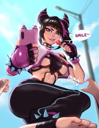 Rule 34 | 1girl, 1other, bare shoulders, barefoot, black gloves, black pants, blurry, blurry background, blushyspicy, breasts, candy, cellphone, crop top, day, english text, fingerless gloves, food, from above, from below, gloves, hair horns, hair ornament, han juri, highres, holding, holding phone, large breasts, lollipop, medium hair, multicolored hair, navel, outdoors, pants, phone, pink eyes, pink hair, pink lips, pov, smartphone, smile, solo focus, speech bubble, spiked anklet, stomach, streaked hair, street fighter, street fighter 6, taking picture, teeth, two-tone hair
