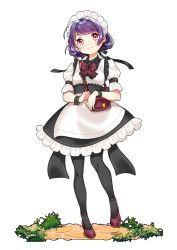 Rule 34 | 1girl, apron, bag, black pantyhose, black skirt, blush, closed mouth, collared shirt, commentary request, full body, head tilt, highres, looking at viewer, maid, maid headdress, original, pantyhose, puffy short sleeves, puffy sleeves, purple hair, red eyes, red footwear, shirt, shoes, short sleeves, shoulder bag, simple background, skirt, smile, solo, standing, standing on one leg, suzuki moeko, waist apron, white apron, white background, white shirt, wrist cuffs