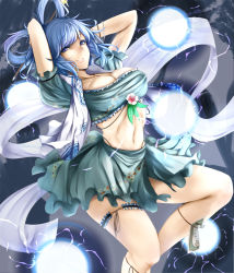 Rule 34 | 1girl, adapted costume, arms up, bad id, bad pixiv id, blue eyes, blue hair, breasts, cleavage, energy ball, female focus, hair ornament, hair rings, hair stick, kaku seiga, large breasts, bridal garter, legs, looking at viewer, matching hair/eyes, midriff, navel, ofuda, otouto (caster5), parted lips, short hair, skirt, smile, solo, thigh strap, thighs, touhou, vest