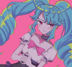 Rule 34 | 1girl, blue hair, blush, bow, choker, cross, dress, drill hair, eyelashes, idol land pripara, interlocked fingers, katasumi amari, long hair, looking at viewer, pink background, pink bow, pink eyes, pretty series, pripara, puffy short sleeves, puffy sleeves, short sleeves, sidelocks, solo, sweatdrop, tome (tome4521), twin drills, twintails, very long hair