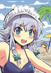 Rule 34 | 2girls, beach, bikini, blue eyes, blue sky, blush stickers, bow, braid, breasts, circle cut, cleavage, cloud, colonel aki, commentary request, day, hair between eyes, hair bow, hat, hong meiling, izayoi sakuya, maid headdress, medium breasts, multiple girls, open mouth, palm tree, red hair, sand, shiny skin, silver hair, sky, smile, swimsuit, touhou, tree, twin braids, umbrella, water