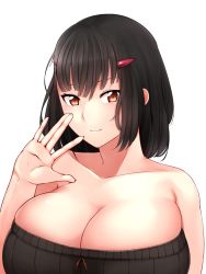 Rule 34 | 1girl, bare shoulders, black hair, breasts, cleavage, hair ornament, hairclip, highres, huge breasts, looking at viewer, original, shumichi, simple background, skindentation, smile, upper body, waving, white background