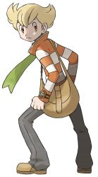 Rule 34 | 1boy, absurdres, bag, barry (pokemon), blonde hair, brown bag, brown footwear, closed mouth, creatures (company), frown, full body, game freak, green scarf, grey pants, highres, jacket, legs apart, long sleeves, looking at viewer, looking back, male focus, nintendo, official art, orange eyes, pants, pokemon, pokemon dppt, pokemon platinum, scarf, shoes, short hair, shoulder bag, solo, standing, striped clothes, striped jacket, sugimori ken, transparent background