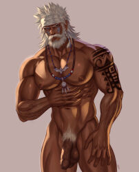 Rule 34 | 1boy, abs, absurdres, arm hair, bara, beard, braid, completely nude, dark-skinned male, dark skin, facial hair, facial mark, feet out of frame, final fantasy, final fantasy xiv, flaccid, foreskin, headband, highres, hyur, jewelry, koji henrik, large pectorals, looking at viewer, lyon rem helsos, male focus, male pubic hair, mature male, muscular, muscular male, mustache, navel, necklace, nipples, nude, old, old man, pectorals, pubic hair, scar, scar on face, scar on nose, short hair, shoulder tattoo, side braid, single braid, solo, standing, stomach, tattoo, thick thighs, thighs, tooth necklace, tribal, white headband