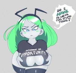 Rule 34 | 1girl, antennae, areola slip, bent over, black shirt, black thighhighs, blue eyes, breast lift, breasts, cleavage, cleavage cutout, clothing cutout, colored skin, english text, frown, green hair, grey skin, leaning forward, long hair, nipple slip, nipples, original, shirt, speech bubble, thighhighs, unyin