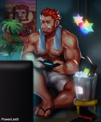 Rule 34 | 1boy, abs, bara, beard, biceps, boxers, bulge, erection, erection under clothes, facial hair, fate/grand order, fate (series), highres, iskandar (fate), large pectorals, male focus, male underwear, muscular, nipples, pectorals, playing games, powerlesssong, red eyes, red hair, saint quartz (fate), smile, solo, teeth, underwear