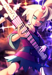Rule 34 | 1girl, bass guitar, blurry, cable, collarbone, commentary request, creatures (company), dress, freckles, game freak, green eyes, hair bobbles, hair ornament, highres, holding, holding instrument, instrument, mouth hold, nintendo, plectrum, pokemon, pokemon bw2, roxie (pokemon), short hair, solo, striped clothes, striped dress, topknot, two-tone dress, white hair, yottur