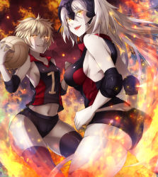 Rule 34 | 10s, 2girls, :d, ass, ball, black thighhighs, blonde hair, breasts, covered erect nipples, crossover, drifters, elbow pads, fate/grand order, fate (series), glowing, glowing eyes, hatori mia, helmet, highres, holding, holding ball, jeanne d&#039;arc (drifters), jeanne d&#039;arc (fate), jeanne d&#039;arc (ruler) (fate), jeanne d&#039;arc alter (avenger) (fate), jeanne d&#039;arc alter (fate), large breasts, long hair, multiple girls, navel, open mouth, ruler (fate/grand order), short hair, skindentation, sleeveless, small breasts, smile, sportswear, thick thighs, thighhighs, thighs, volleyball (object), volleyball uniform, white hair, yellow eyes