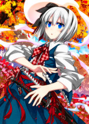 Rule 34 | 1girl, autumn, autumn leaves, belt, black ribbon, blue eyes, blue skirt, blue sky, blue vest, cloud, collared shirt, colored eyelashes, commentary request, day, dutch angle, flower, hair between eyes, hair ribbon, highres, konpaku youmu, konpaku youmu (ghost), outdoors, petals, pink flower, purple flower, red belt, red flower, ribbon, sazanami mio, sheath, shirt, short hair, silver hair, skirt, skirt set, sky, sleeves rolled up, solo, sword, touhou, tree, vest, weapon, white shirt, wing collar