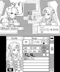 Rule 34 | 2girls, automatic giraffe, bead necklace, beads, character name, circlet, closed mouth, commentary, earrings, english commentary, english text, fake screenshot, female focus, fire emblem, greyscale, jewelry, kirby (series), long hair, mario (series), monochrome, multiple girls, necklace, nintendo, outdoors, parody, parted bangs, plant, pointy ears, portrait, princess peach, princess zelda, sidelocks, sketch, smile, stats, super smash bros., the legend of zelda, tree, whispy woods