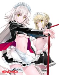 Rule 34 | 2girls, apron, artoria pendragon (alter swimsuit rider) (fate), artoria pendragon (alter swimsuit rider) (fate) (cosplay), artoria pendragon (alter swimsuit rider) (second ascension) (fate), artoria pendragon (fate), bare shoulders, bikini, bikini top only, black bikini, black jacket, black skirt, blonde hair, braid, breasts, bridal garter, cleavage, closed mouth, collarbone, cosplay, fate/grand order, fate (series), french braid, frilled apron, frilled bikini, frilled bikini top, frills, hair between eyes, jacket, jeanne d&#039;arc alter (swimsuit berserker) (fate), jeanne d&#039;arc (fate), jeanne d&#039;arc alter (fate), jeanne d&#039;arc alter (swimsuit berserker) (fate), large breasts, long hair, long sleeves, looking at viewer, maid, maid bikini, maid headdress, matching outfits, mop, multiple girls, navel, open clothes, open jacket, pale skin, shirotsumekusa, sidelocks, silver hair, simple background, skirt, small breasts, smile, swimsuit, thighs, unconventional maid, very long hair, waist apron, white background, yellow eyes