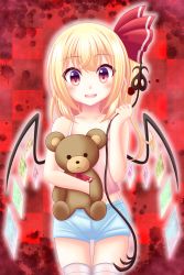 Rule 34 | 1girl, :d, blonde hair, blood, blood splatter, blue shorts, blush, checkered background, collarbone, cowboy shot, flandre scarlet, hair between eyes, highres, holding, holding stuffed toy, long hair, looking at viewer, midriff, open mouth, pink shirt, red background, red eyes, reimei (r758120518), shirt, short shorts, shorts, side ponytail, sleeveless, sleeveless shirt, smile, solo, stomach, stuffed animal, stuffed toy, teddy bear, thigh gap, thighhighs, touhou, white thighhighs, wings, zettai ryouiki