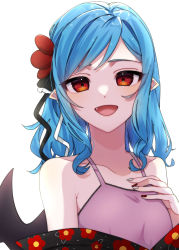 Rule 34 | 1girl, :d, alternate costume, bat wings, blue hair, eringi (rmrafrn), eyebrows hidden by hair, fang, floral print, highres, long hair, looking at viewer, nail polish, no headwear, open mouth, pointy ears, red eyes, remilia scarlet, simple background, smile, solo, swept bangs, touhou, white background, wings