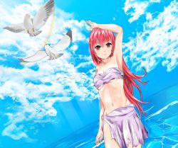 Rule 34 | 10s, 1girl, arm above head, arm up, armpits, bare shoulders, bird, breasts, brown eyes, cleavage, cloud, cloudy sky, day, groin, kusaribe hakaze, long hair, looking at viewer, medium breasts, midriff, navel, no panties, ocean, outdoors, red hair, sarong, sky, solo, strapless, torn clothes, underboob, water, yoku to, zetsuen no tempest