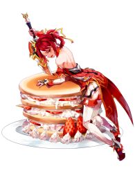 Rule 34 | 1girl, armor, armored dress, bad id, bad pixiv id, braid, detached sleeves, elesis (elsword), elsword, food, foodification, fruit, full body, highres, mellchi, pancake, plate, red eyes, red hair, saber knight (elsword), shoes, short hair, skirt, smile, solo, strawberry, sword, thighhighs, weapon, whipped cream, white background, white skirt, white thighhighs