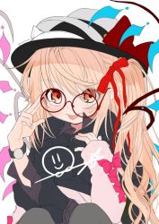 Rule 34 | 1girl, alternate costume, alternate headwear, bad id, bad twitter id, bespectacled, black jacket, blonde hair, bow, contemporary, fedora, flandre scarlet, glasses, gotou (nekocat), hair ribbon, hat, hat bow, hood, hooded jacket, jacket, long sleeves, looking at viewer, pointy ears, red-framed eyewear, red bow, red eyes, red ribbon, ribbon, side ponytail, simple background, smiley face, solo, star (symbol), tongue, tongue out, touhou, unfinished, watch, white background, wings