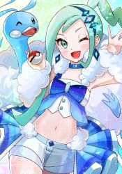 Rule 34 | 1girl, ;d, altaria, blush, collar, commentary request, creatures (company), earrings, eyelashes, game freak, gen 3 pokemon, glint, green eyes, green hair, hair ornament, hands up, head tilt, highres, holding, holding poke ball, jewelry, lisia (pokemon), looking at viewer, navel, nintendo, one eye closed, open mouth, poke ball, poke ball (basic), pokemon, pokemon (creature), pokemon oras, setta shu, short shorts, shorts, smile, sparkle, star (symbol), tongue