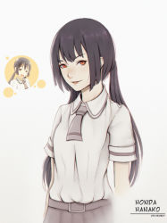 Rule 34 | 10s, 1girl, absurdres, artist name, asobi asobase, belt, black hair, blush, breasts, character name, collared shirt, grey skirt, highres, honda hanako, lips, liya nikorov, long hair, looking at viewer, low twintails, parted lips, red eyes, school uniform, shirt, short sleeves, skirt, small breasts, smile, solo, twintails, white shirt