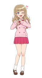 Rule 34 | 1girl, :d, blunt bangs, blush, brown footwear, brown hair, buttons, cardigan, contrapposto, double-breasted, earrings, full body, heart, heart hands, highres, jewelry, long hair, long sleeves, looking at viewer, mewkledreamy, miniskirt, one eye closed, open mouth, pigeon-toed, pink cardigan, red skirt, shoes, skirt, smile, solo, standing, star (symbol), star earrings, tsukishima maira, yoban
