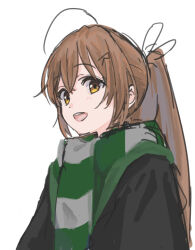 Rule 34 | 1girl, ahoge, brown eyes, brown hair, cardigan, feather hair ornament, feathers, green scarf, hair between eyes, hair ornament, hairclip, harry potter (series), hololive, hololive english, kisuu (oddnumberr ), long hair, looking at viewer, multicolored hair, nanashi mumei, open mouth, ponytail, scarf, sidelocks, simple background, smile, solo, streaked hair, striped clothes, striped scarf, upper body, very long hair, virtual youtuber, white background, wizarding world