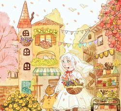 Rule 34 | 1girl, angel wings, animal, autumn leaves, blush, building, cat, clothed animal, dress, flower, flower basket, green eyes, halo, long hair, long sleeves, oniheya 53, open mouth, original, outdoors, painting (medium), red ribbon, ribbon, solo, traditional media, watercolor (medium), white dress, white hair, white wings, wings