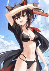 Rule 34 | 1girl, absurdres, ahoge, animal ear fluff, animal ears, bikini, black bikini, black hair, black shirt, blush, braid, breasts, cleavage, commentary request, dog tags, earrings, fox ears, fox girl, fox tail, gun, hair between eyes, highres, holding, holding gun, holding weapon, hololive, jewelry, kurokami fubuki, long hair, looking at viewer, multicolored hair, nagae yama, ocean, open clothes, open mouth, open shirt, red eyes, red hair, shirt, sidelocks, single braid, small breasts, solo, standing, streaked hair, swimsuit, tail, virtual youtuber, water, water drop, weapon