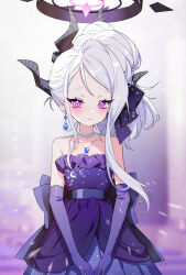 Rule 34 | 1girl, absurdres, black horns, blue archive, closed mouth, collarbone, dangle earrings, demon horns, dress, earrings, elbow gloves, gloves, grey hair, halo, highres, hina (blue archive), hina (dress) (blue archive), horns, hovaku, jewelry, long hair, looking at viewer, multiple horns, official alternate costume, official alternate hairstyle, pendant, purple dress, purple eyes, purple gloves, smile, solo, strapless, strapless dress