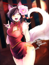 Rule 34 | 1girl, ahri (league of legends), alternate costume, alternate hairstyle, animal ears, breasts, china dress, chinese clothes, cleavage, dress, facial mark, fangs, flower, flower on head, fox ears, fox shadow puppet, fox tail, hair flower, hair ornament, highres, league of legends, looking at viewer, mizoreame, nail polish, one eye closed, open mouth, red dress, short dress, tail, whisker markings, yellow eyes
