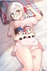 Rule 34 | 1girl, bandaid, bandaid on leg, blue eyes, blush, bottomless, breasts, commentary, commission, doll, english commentary, glasses, hair ribbon, heterochromia, holding, holding doll, looking at viewer, lying, medium breasts, on back, on bed, open mouth, original, pillow, pink eyes, pink shirt, plaid pillow, red ribbon, ribbon, round eyewear, shirt, shuuzo3, solo, surprised, white hair