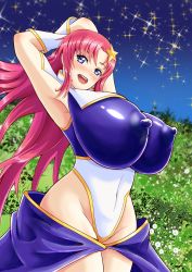 Rule 34 | 00s, 1girl, armpits, arms behind head, arms up, blue eyes, blush, breasts, curvy, covered erect nipples, artistic error, gloves, groin, gundam, gundam seed, gundam seed destiny, hair ornament, highres, huge breasts, impossible clothes, leotard, long hair, meer campbell, nipples, open mouth, pink hair, skin tight, sky, smile, solo, standing, star (sky), starry sky, thick thighs, thighs, tree, white gloves, wide hips, yachan