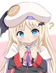 Rule 34 | 1girl, ?, bat hair ornament, beret, black jacket, blonde hair, blue eyes, bow, bowtie, cape, gradient background, hair ornament, hat, highres, jacket, large buttons, little busters!, little busters! school uniform, long hair, noumi kudryavka, pink background, pink bow, pink bowtie, school uniform, silky (silky illust), solo, upper body, white background, white cape, white hat