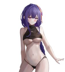 Rule 34 | 1girl, absurdres, bare arms, bare shoulders, black panties, black shirt, breasts, commentary, cowboy shot, crop top, fakey, genshin impact, highres, large breasts, long braid, long hair, nail polish, panties, purple eyes, purple hair, purple nails, raiden shogun, shirt, simple background, sleeveless, sleeveless shirt, solo, standing, thighs, underboob, underwear, very long hair, white background