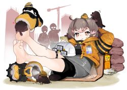 Rule 34 | 1girl, absurdres, ahoge, arknights, arm behind head, barefoot, black shorts, brown hair, cellphone, cement (arknights), crane (machine), crossed legs, feet, gloves, unworn gloves, grey skirt, hard hat, helmet, highres, holding, holding phone, id card, infection monitor (arknights), jacket, legs, lying, menthako, mole (animal), multicolored hair, on back, people, phone, pink hair, short hair, shorts, shorts under skirt, skirt, smartphone, soles, solo focus, tail, thigh strap, toes, two-tone hair, white gloves, yellow eyes, yellow jacket
