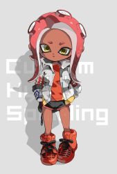 Rule 34 | 1girl, black shorts, commentary, cross-laced footwear, dark-skinned female, dark skin, dolphin shorts, english text, full body, grey background, grey jacket, gym shorts, hand in pocket, high tops, highres, jacket, looking at viewer, nintendo, octoling, octoling girl, octoling player character, open mouth, parted lips, pointy ears, red footwear, red hair, red shirt, shadow, shiohi, shirt, shoes, short shorts, shorts, simple background, sneakers, solo, splatoon (series), splatoon 2, standing, suction cups, tentacle hair, yellow eyes