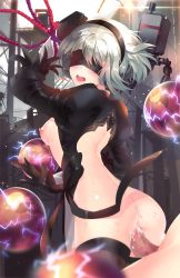 Rule 34 | 1boy, 1girl, absurdres, ass, bdsm, black gloves, blindfold, bondage, bottomless, bound, breasts, censored, dress, feather trim, gloves, hairband, hetero, highres, medium breasts, mole, mole under mouth, nier (series), nier:automata, nipples, open mouth, outdoors, penis, pod (nier:automata), puffy sleeves, restrained, sex, short hair, sparkle, squchan, sweat, thighhighs, vaginal, white hair, 2b (nier:automata)