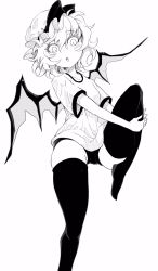 Rule 34 | 1girl, :o, bat wings, black thighhighs, buruma, commentary request, darjeeling (reley), greyscale, gym uniform, hair between eyes, hat, hat ribbon, highres, looking at viewer, mob cap, monochrome, remilia scarlet, ribbon, short hair, simple background, solo, standing, standing on one leg, thighhighs, touhou, white background, wings