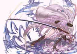Rule 34 | 1girl, arm support, asymmetrical footwear, asymmetrical gloves, black gloves, boots, braid, bug, butterfly, elbow gloves, full body, gloves, granblue fantasy, hair over one eye, hand up, holding, holding sword, holding weapon, horns, insect, knee boots, leaning forward, long hair, magic, narmaya (granblue fantasy), ootachi, pointy ears, purple hair, scabbard, sheath, simple background, solo, sword, tassel, thigh boots, thigh strap, thighhighs, tomiokasena, tsurime, uneven footwear, uneven gloves, very long hair, weapon, white background