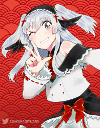 Rule 34 | absurdres, asakura qiyuzaki, bare shoulders, buttons, chiem (vtuber), clenched teeth, collared shirt, double-breasted, eyelashes, grey eyes, grin, half updo, headband, highres, indie virtual youtuber, long sleeves, necktie, off shoulder, one eye closed, patterned background, red necktie, second-party source, shirt, sidelocks, silver hair, smile, solo, teeth, twitter username, two side up, upper body, v, virtual youtuber, wings