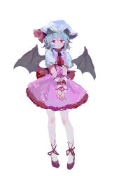 Rule 34 | 1girl, absurdres, adapted costume, ankle lace-up, ascot, back bow, bat wings, black wings, blue hair, bow, closed mouth, cross-laced footwear, dress, full body, hair between eyes, hat, highres, large bow, legs apart, light blue hair, light frown, looking at viewer, mob cap, nail polish, no lineart, no pupils, own hands together, pantyhose, petticoat, pinafore dress, pink dress, pointy ears, puffy short sleeves, puffy sleeves, purple footwear, red ascot, red bow, red eyes, red nails, reddizen, remilia scarlet, shoes, short hair, short sleeves, simple background, sleeveless, sleeveless dress, solo, standing, touhou, v arms, white background, white hat, white pantyhose, wing collar, wings, wrist cuffs