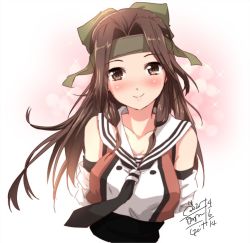Rule 34 | 10s, 1girl, breasts, brown eyes, brown hair, dated, glasses, gloves, go-it, jintsuu (kancolle), jintsuu kai ni (kancolle), kantai collection, long hair, looking at viewer, medium breasts, signature, smile, solo, upper body, white background