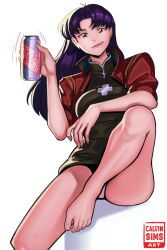 Rule 34 | 1girl, absurdres, alcohol, artist name, bare legs, barefoot, beer, beer can, black dress, black outline, breasts, calvin sims, can, commentary, dress, drink, drink can, elbow on knee, english commentary, feet, hand up, high collar, highres, holding, holding drink, jacket, katsuragi misato, knee up, large breasts, legs, lips, long hair, looking at viewer, neon genesis evangelion, no pants, open clothes, open jacket, outline, panties, parted bangs, purple hair, red eyes, red jacket, sitting, smile, smug, sunlight, toes, underwear, white background, white panties, white trim