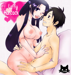 Rule 34 | black hair, blush, boa hancock, breasts, covering privates, elbow gloves, gloves, heart, large breasts, long hair, monkey d. luffy, nipples, nude, nude cover, one piece, open mouth, pairing, scar, sex, sketch, straddling, text focus, upright straddle, vaginal, wink