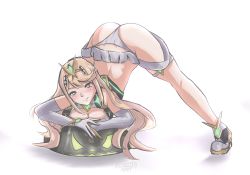 Rule 34 | 1girl, absurdres, adapted costume, ass, blonde hair, blush, breast press, breasts, chascoby, cleavage, diadem, female focus, full body, highres, jack-o&#039; challenge, legs, long hair, looking at viewer, lying, matching hair/eyes, mythra (xenoblade), nintendo, panties, pumpkin, simple background, solo, thong, top-down bottom-up, underwear, white background, white panties, xenoblade chronicles (series), xenoblade chronicles 2, yellow eyes