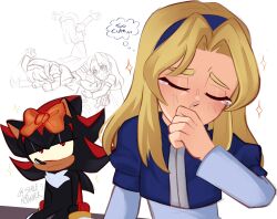 1boy 1girl animal black_fur blonde_hair blue_hairband bow closed_eyes covering_own_mouth furry furry_male hairband hedgehog hedgehog_boy highres long_hair maria_robotnik orange_bow sega shadow_the_hedgehog signature sitting smilen3twork sonic_(series) sparkle tears white_background